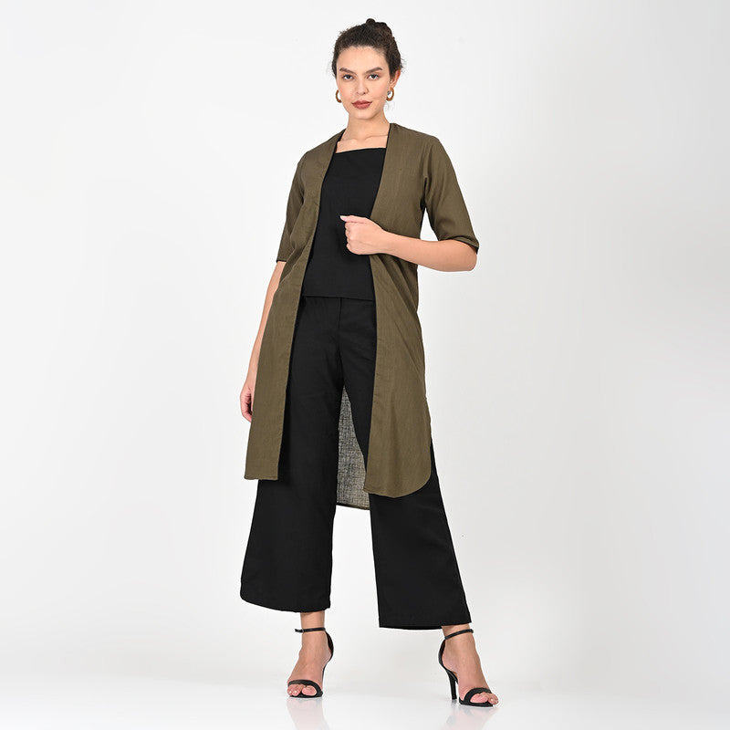 Cotton Solid Co Ord Set For Women | Overlay, Top & Trouser | Square Neck | Olive & Black、mySite、camillekostekn