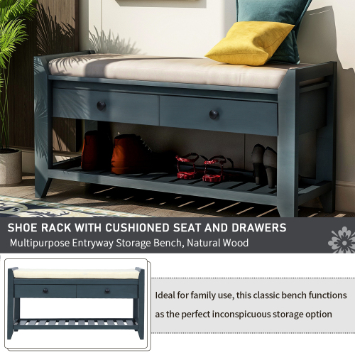 TREXM Shoe Rack with Cushioned Seat and Drawers, Multipurpose Entryway Storage Bench (Antique Navy)、、casual