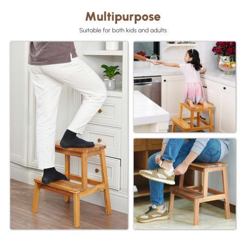 2-Step Wooden Stool, Solid Acacia Wood Step Stool for Adults and Kids, 17 Inches Tall, 350 lbs Capacity, Bathroom Bench, Kitchen or Closet Climbing Chair, Indoor and Outdoor Use, Easy Assembly、、eastwooduniform