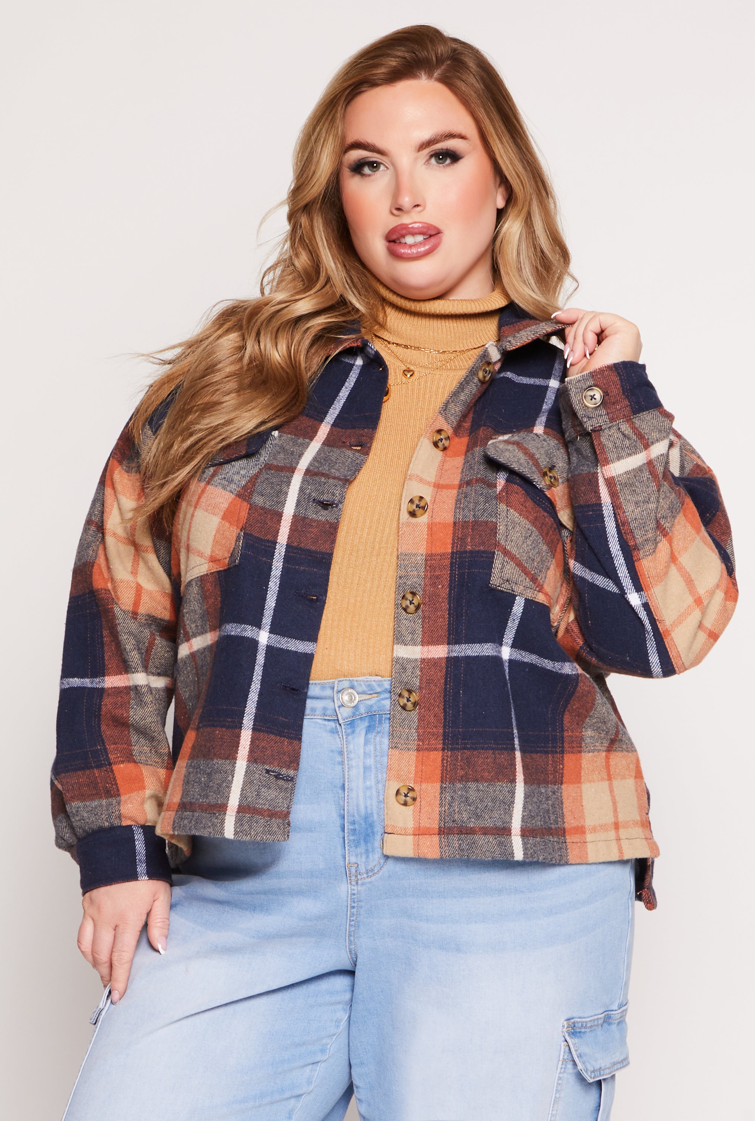Plus Size Flannel Plaid Button Front Shacket、mySite、camillekostekn