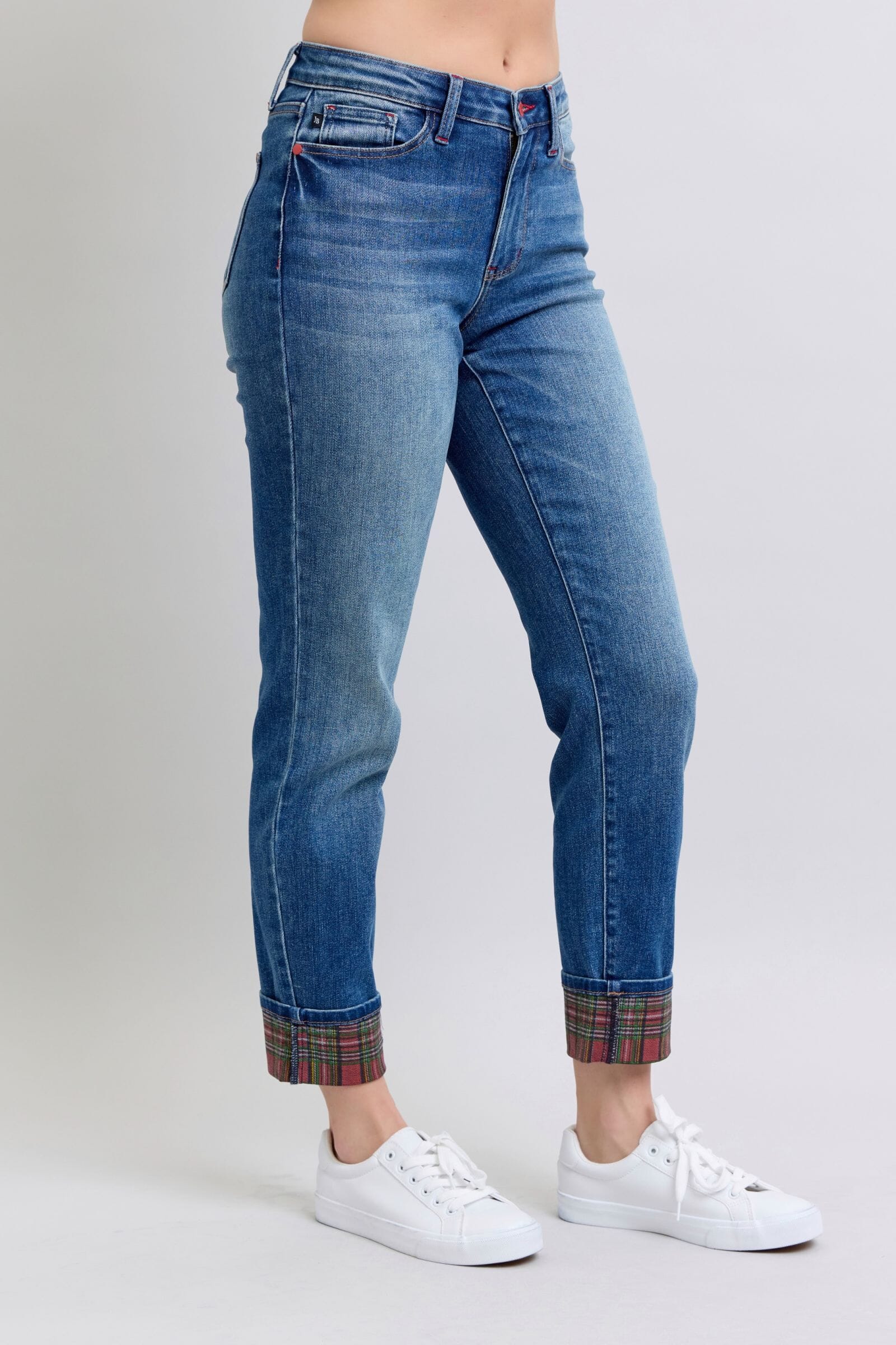 Judy Blue Full Size Plaid Print Cuff Straight Leg Jeans with Pockets、mySite、camillekostekn
