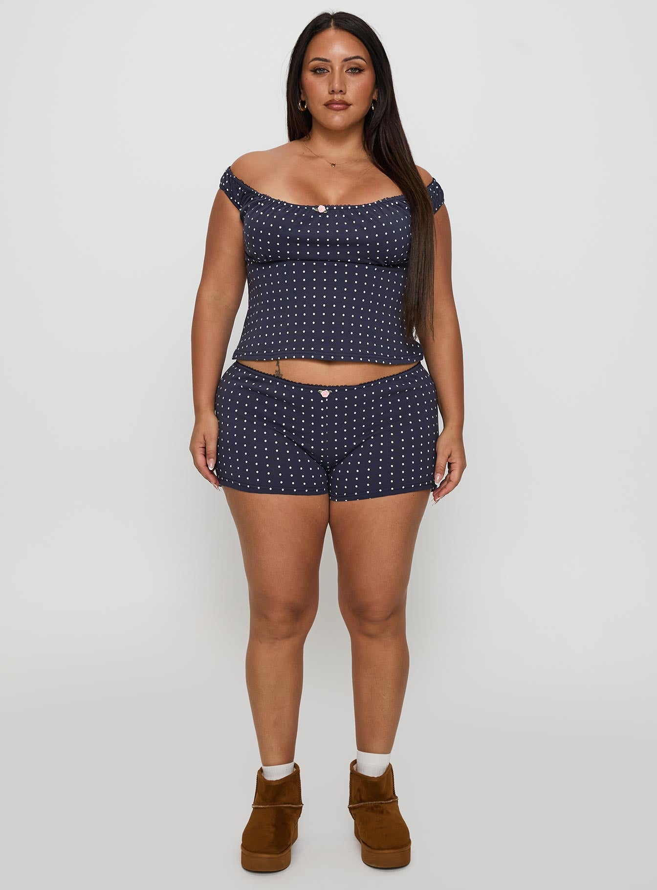 Drift Away Off The Shoulder Sleep Set Navy Dot Curve、mySite、solidvoid