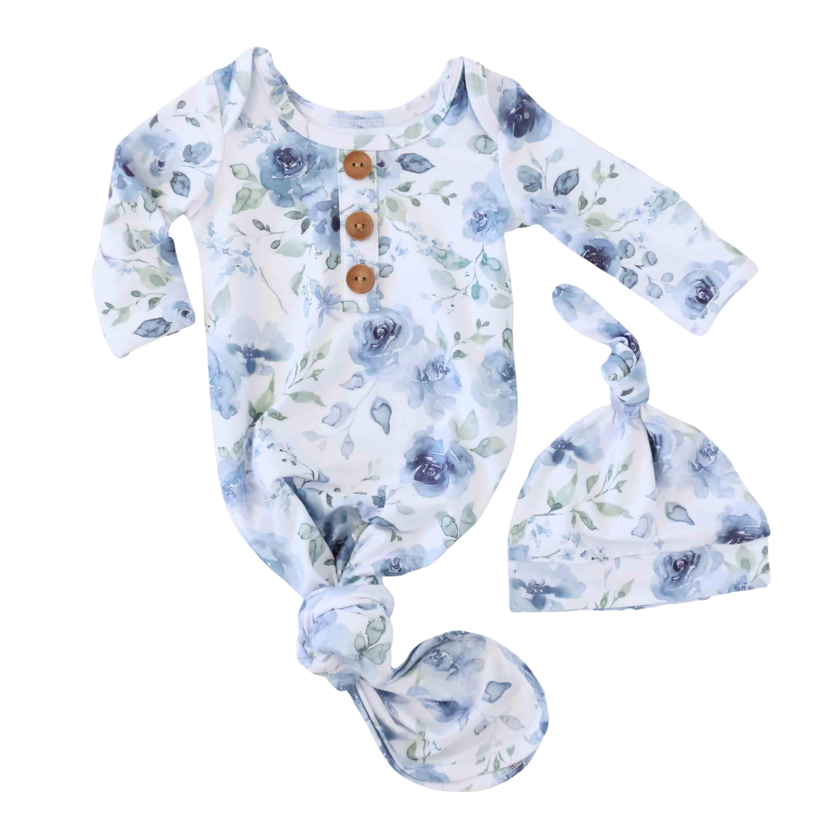  Bailey's Blue Floral Newborn Baby Knot Gown & Hat Set、mySite、layawaytickets