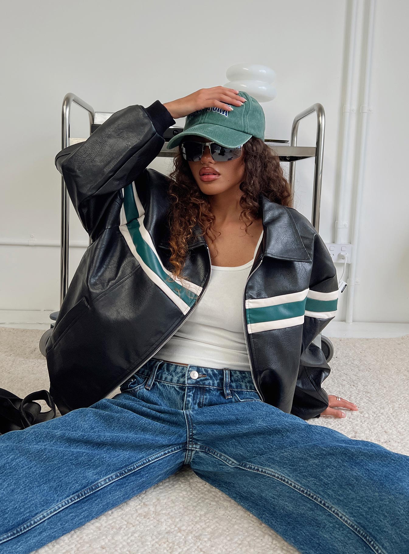 Goldsmith Faux Leather Bomber Jacket Black / Green、mySite、solidvoid