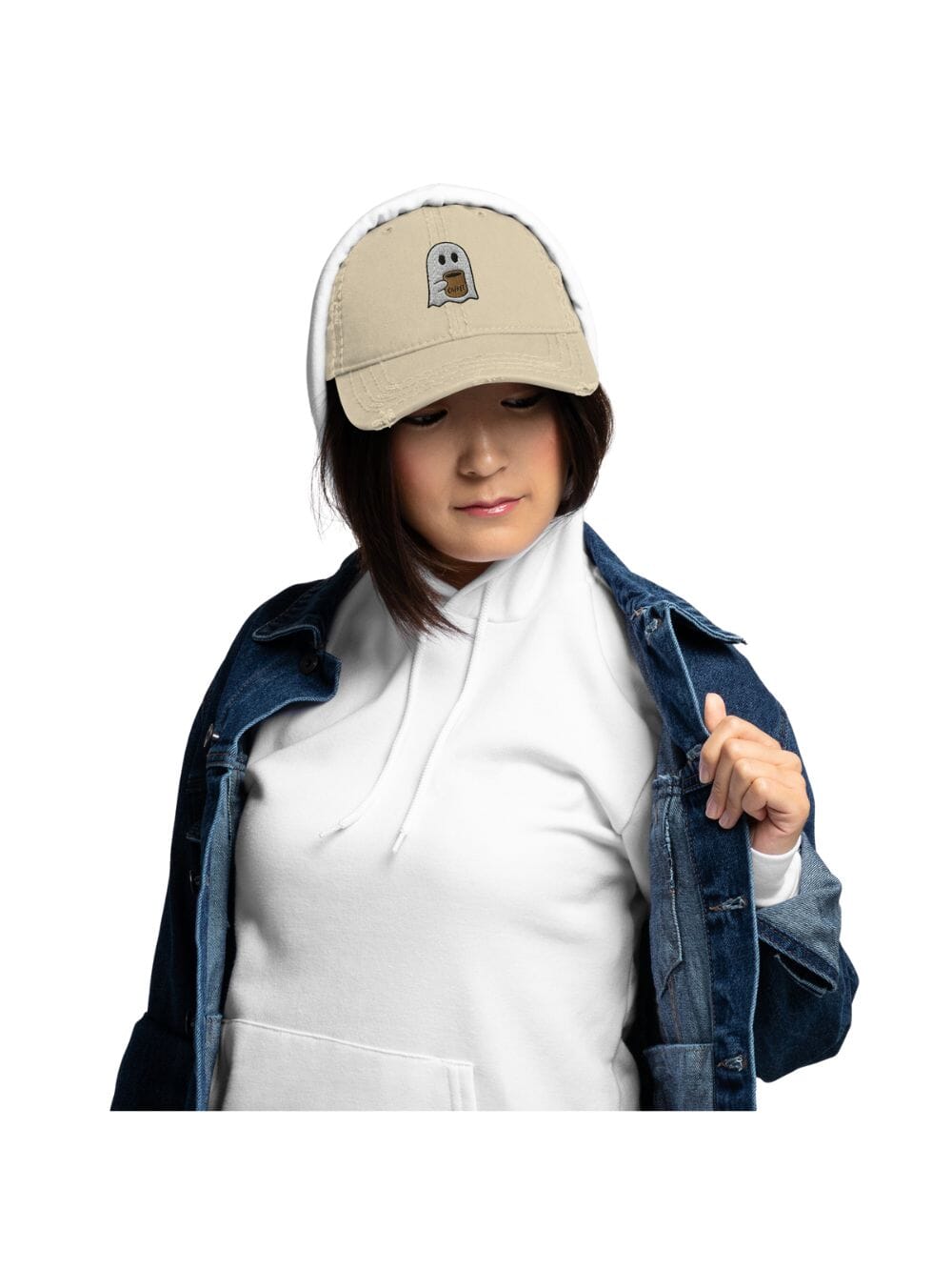 Coffee Ghost Embroidered Distressed Dad Hat、mySite、camillekostekn