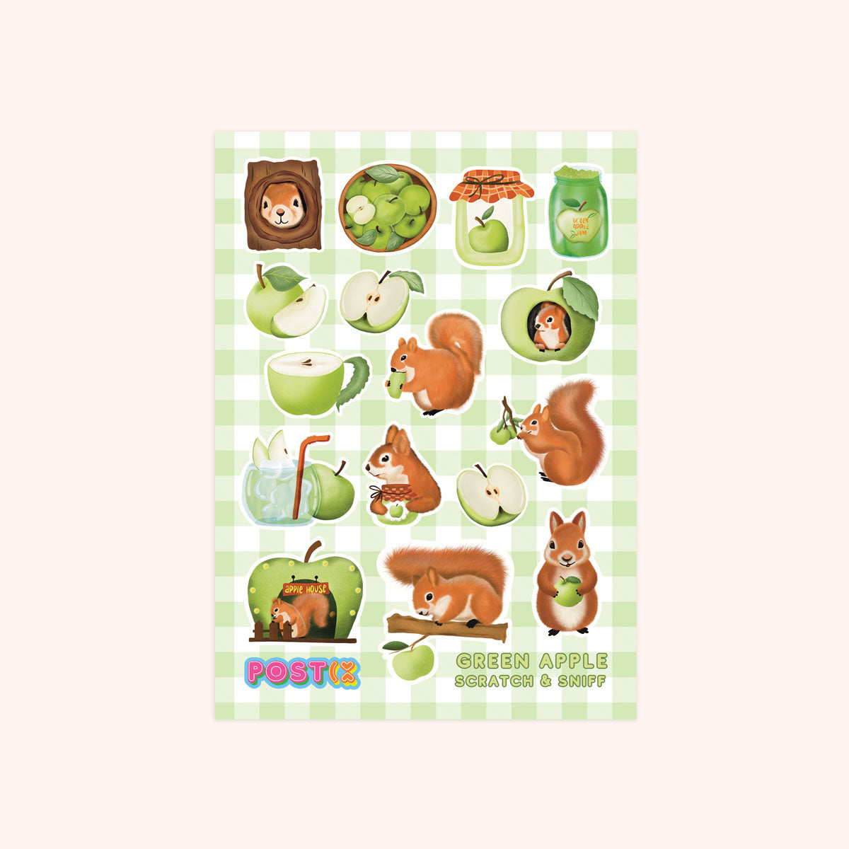  Green Apple Squirrel Snacks A6 Scratch and Sniff Sticker Sheet、mySite、ghnorth