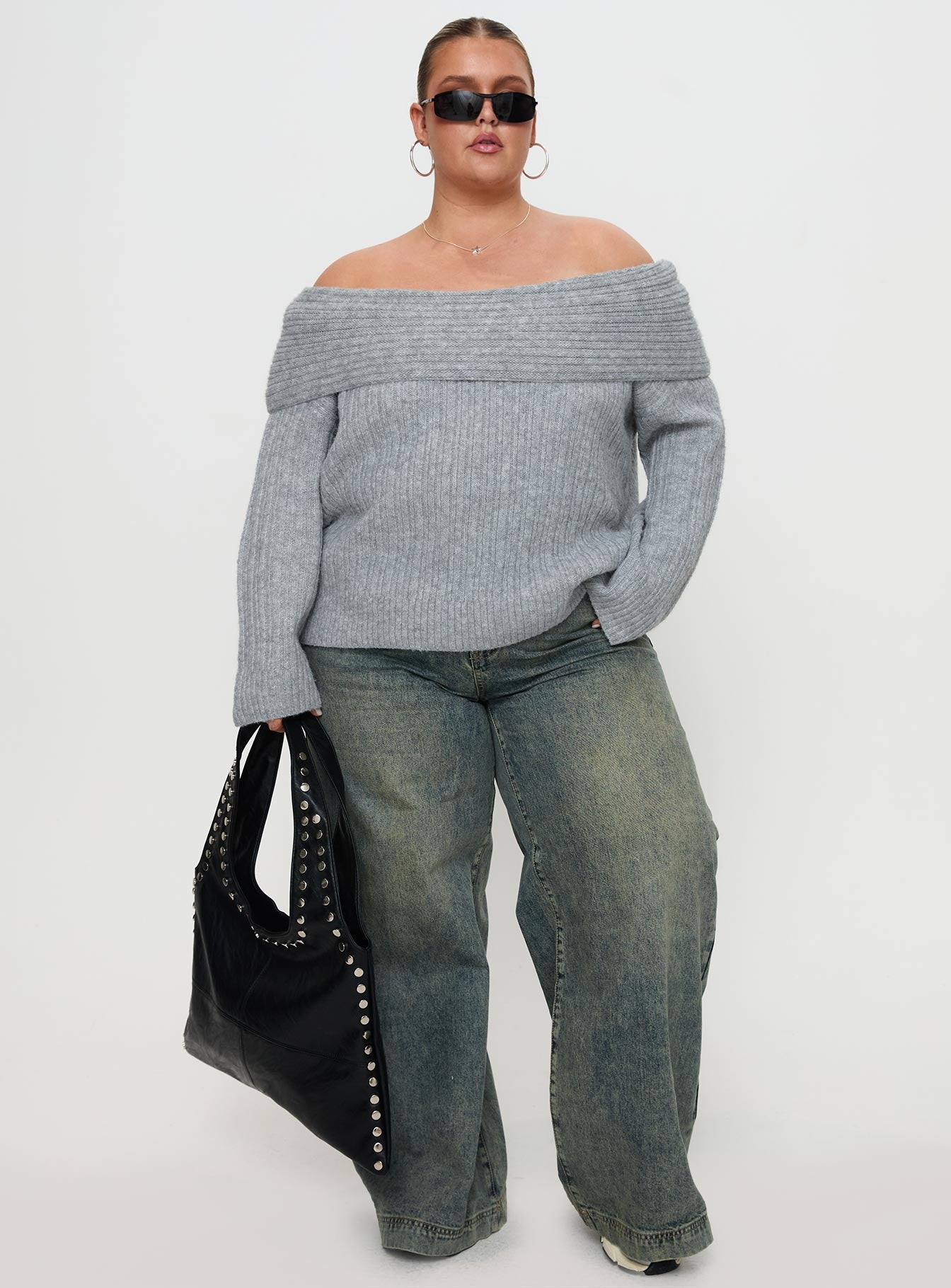 Snowie Off Shoulder Knit Sweater Grey Curve、mySite、solidvoid