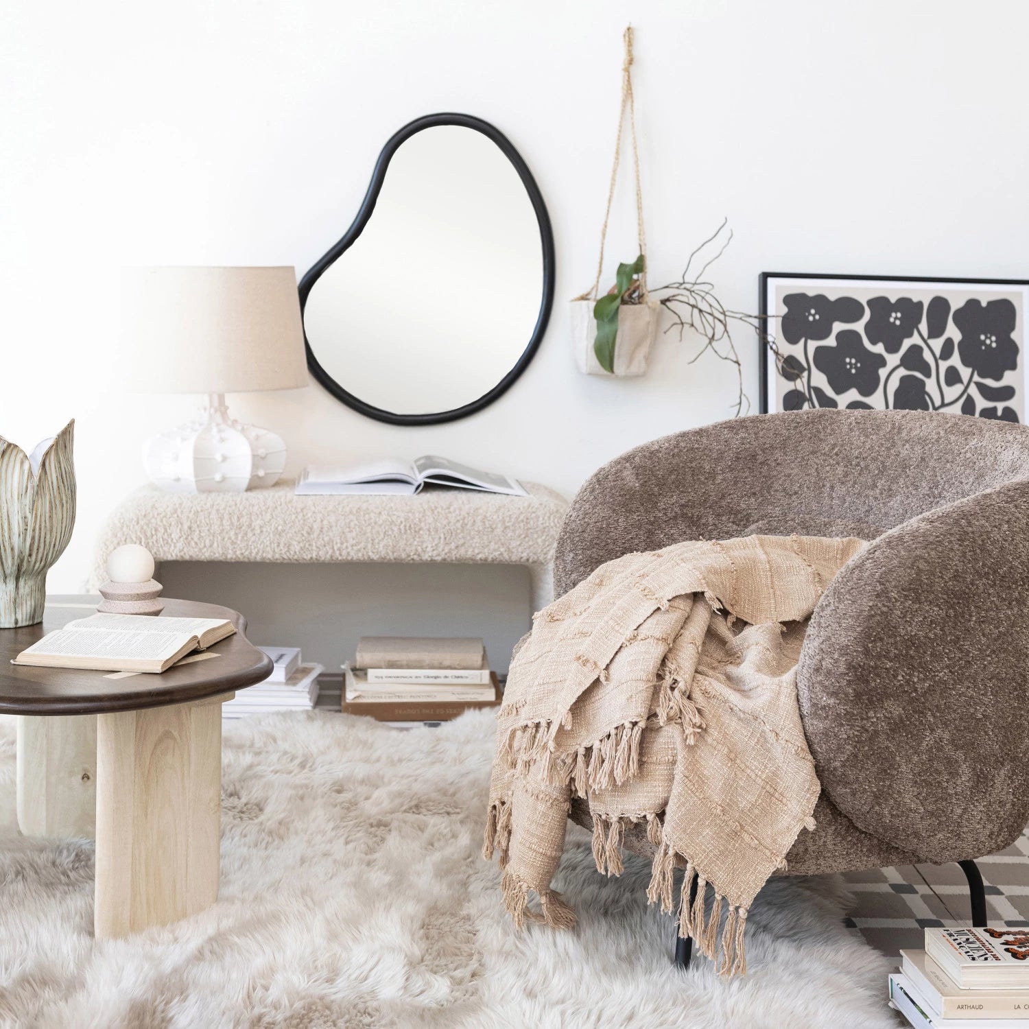  Bouclé Fabric Upholstered Waterfall Bench、mySite、elrpsem3k