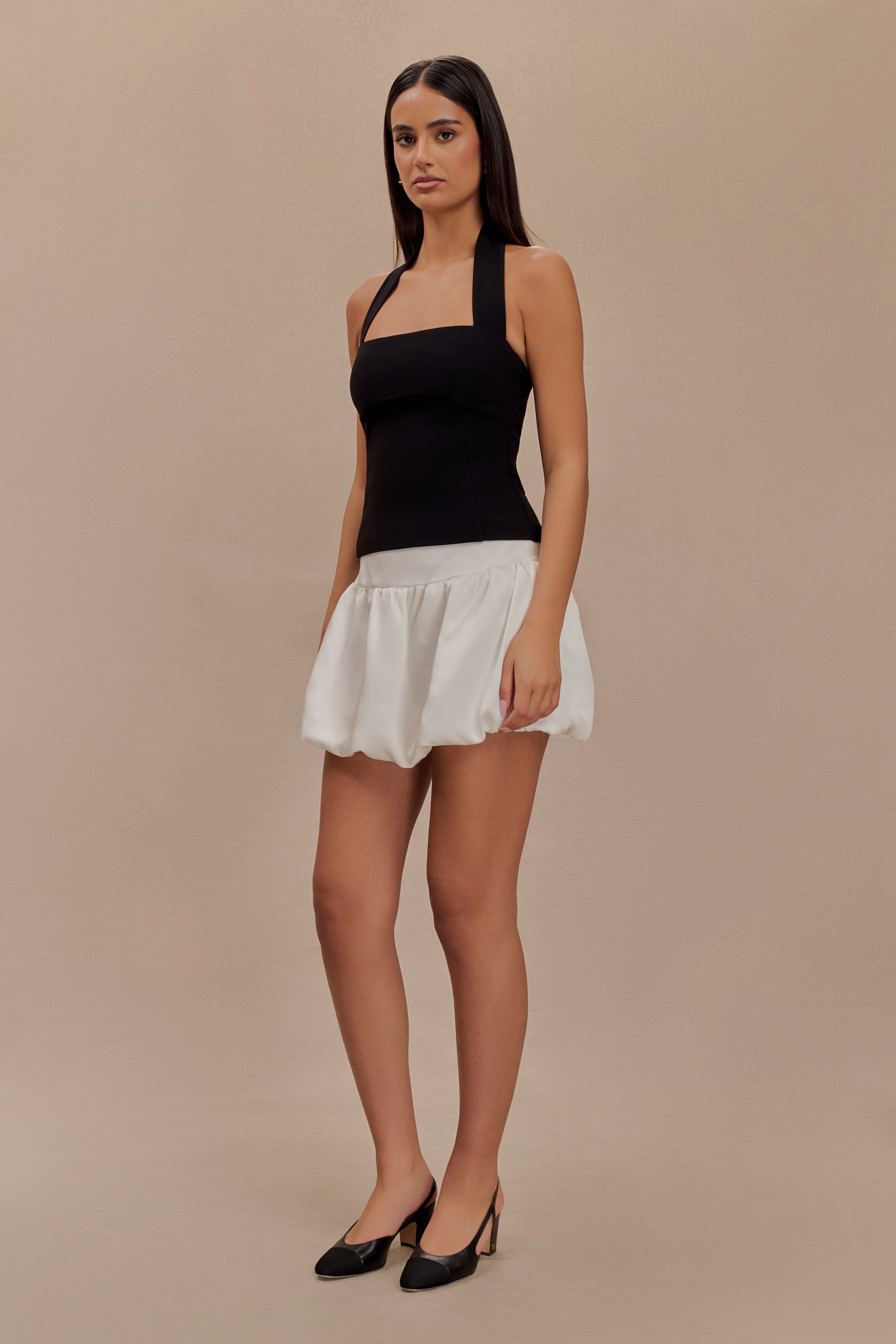 Genia Satin Bubble Mini Skirt - White、mySite、solidvoid