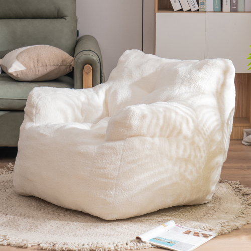 010-Soft Teddy Fabric Tufted Foam Bean Bag Chair With Teddy Fabric Ivory White、、casual