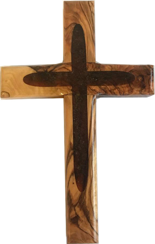 Holylandmarket Special Olive Wood - Two (2) Tones Cross (6.5 inches) Comes with Certificate、mySite、topwebapps
