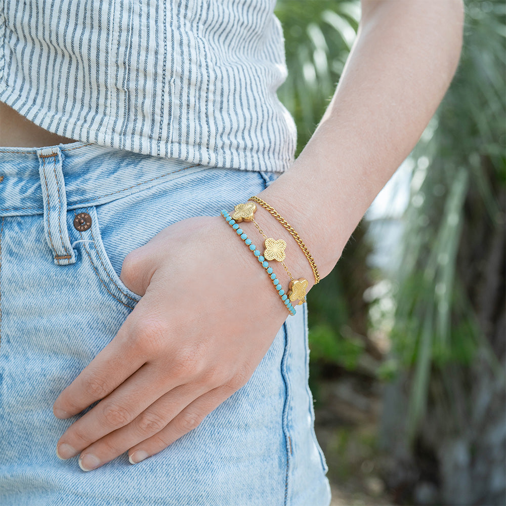 18K Gold PVD Stainless Steel Turquoise Rhinestone Tennis Chain Bracelet / TBR0006、mySite、dreamappss