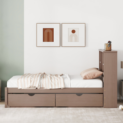 Modern Twin Size Bed Frame With Built-in USB Port on Bookcase Headboard and 2 Drawers for Grey Color、、xpatfood