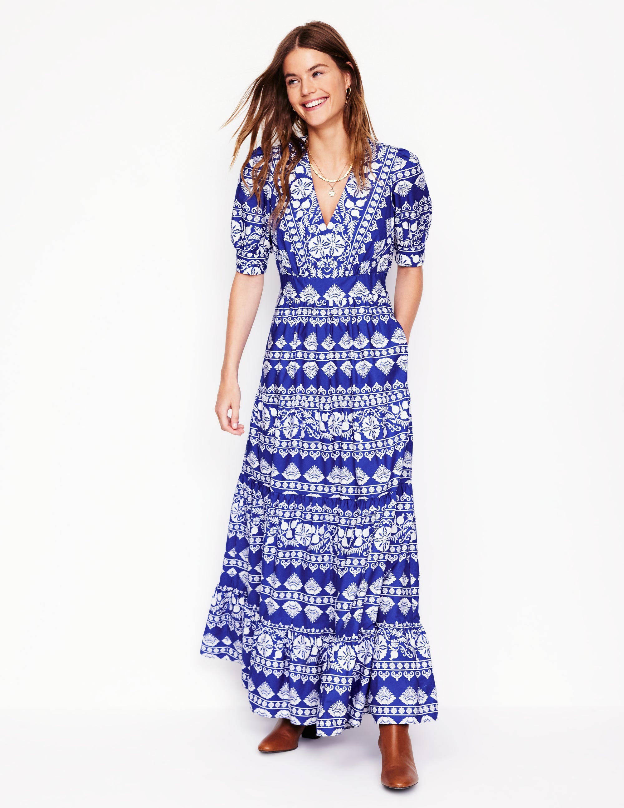  Bella Puff Sleeve Maxi Dress-Bright Blue, Ornate Stripe、mySite、ashleygrahame