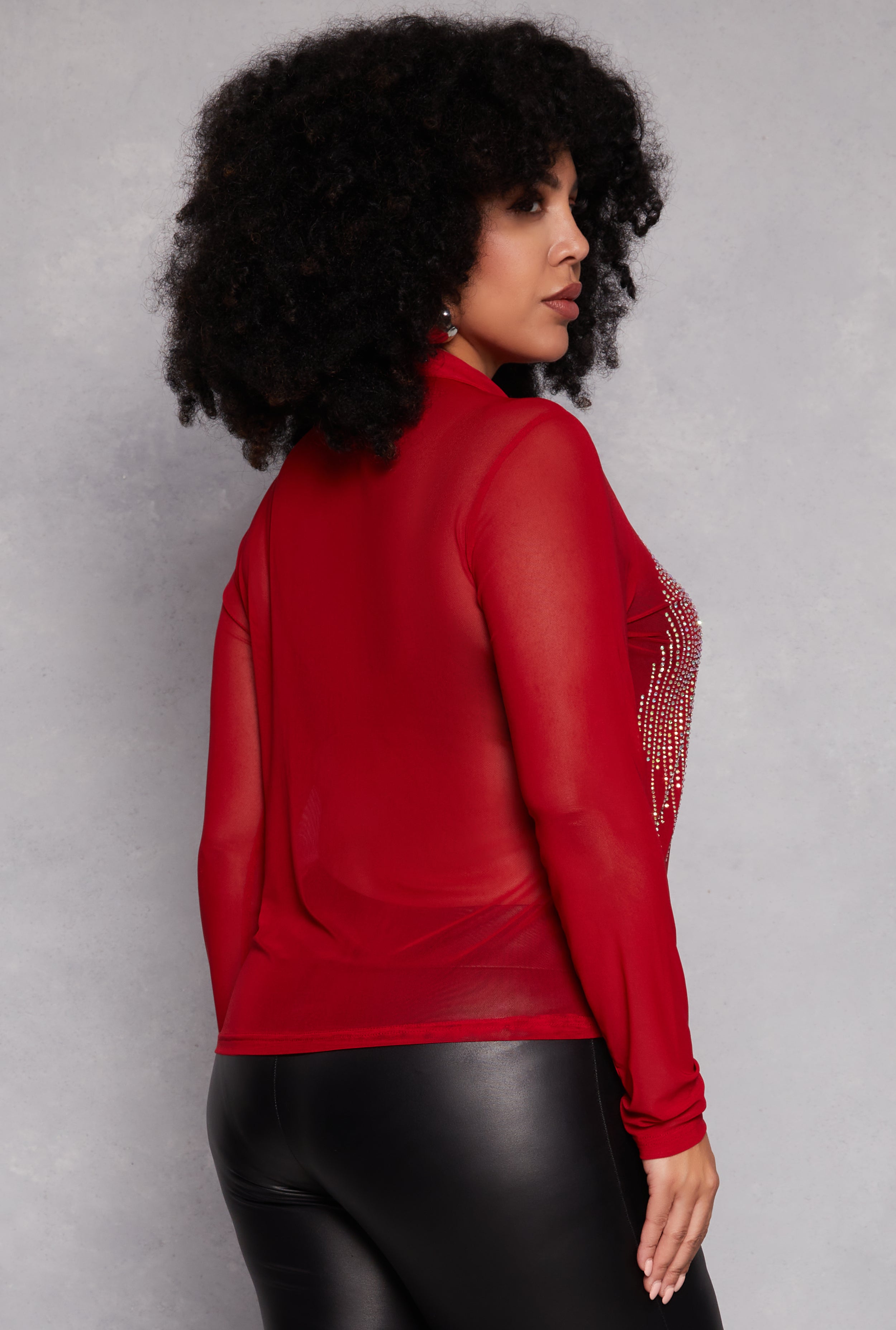 Plus Size Rhinestone Mesh Button Front Shirt、mySite、camillekostekn