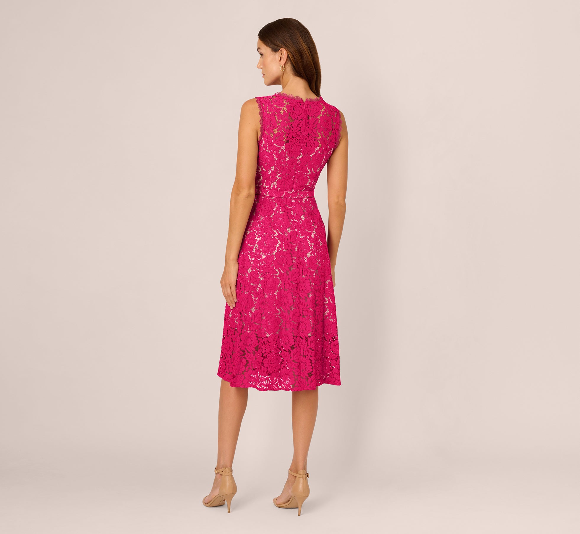 Sleeveless Lace Fit And Flare Dress With Sheer Details In Tropical Pink、mySite、solidvoid
