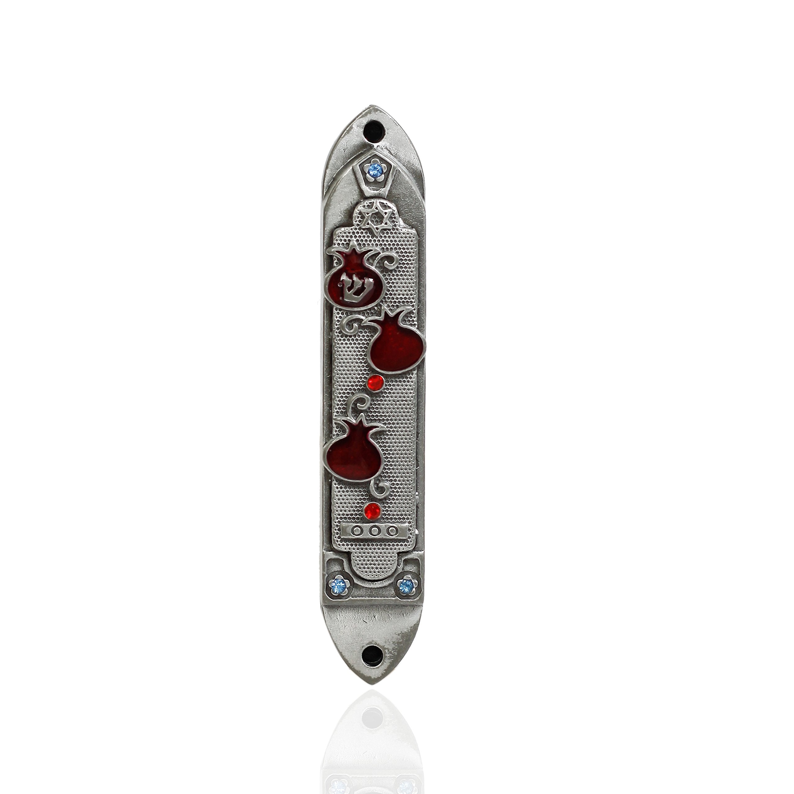  Pewter enameled Pomegranate with Blue and red and Blue Stones - Mezuzah (3.5 Inches with Scroll)、mySite、elrpsem3k