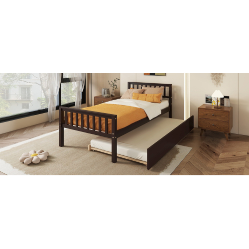 Twin Bed with Trundle, Platform Bed Frame with Headboard and Footboard, for Bedroom Small Living Space,No Box Spring Needed,White(New SKU:W504P148532)、、casual