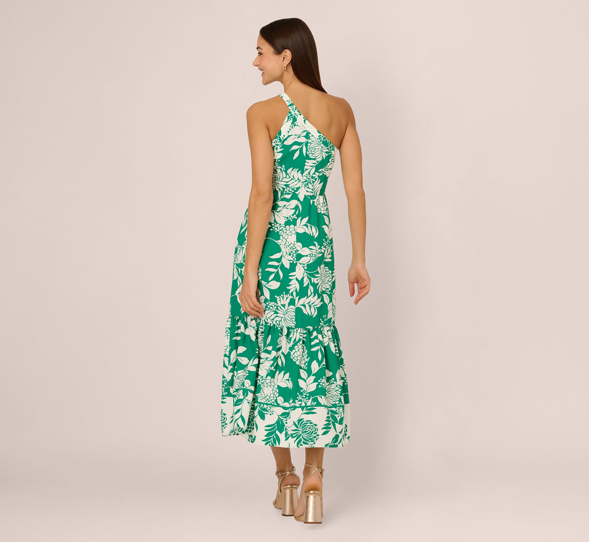 One Shoulder Floral Flounce Midi Dress In Green White、mySite、solidvoid