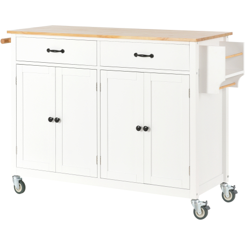 Kitchen Island Cart with Solid Wood Top and Locking Wheels,54.3 Inch Width,4 Door Cabinet and Two Drawers,Spice Rack, Towel Rack (White)、、casual