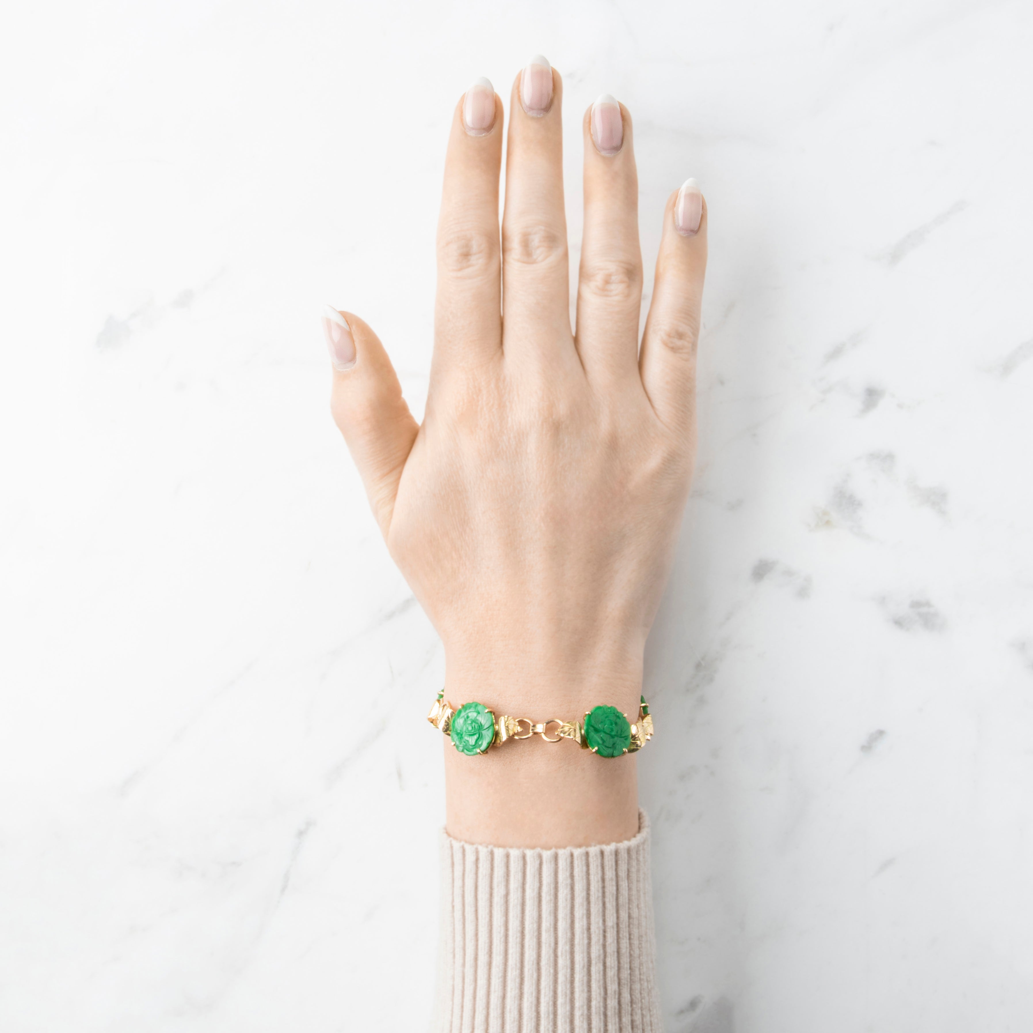 Vintage Ming's Heavy 14k Yellow Gold 19cttw Jade Carved Blossoms Bracelet 6.75、mySite、hinf8tx79