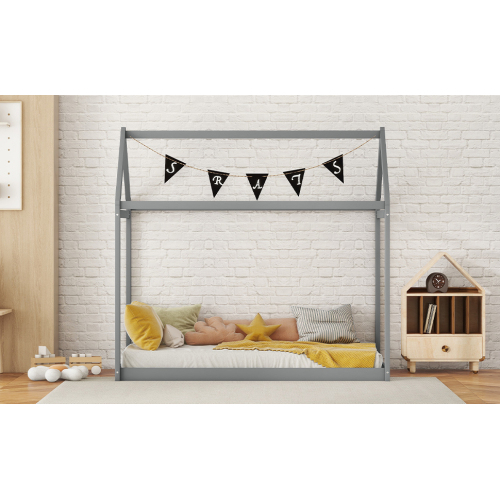 Twin Size Wooden House Bed, White、、casual