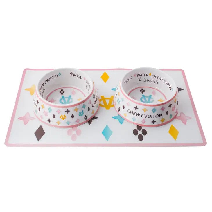 Chewy Vuiton Bowls & Placemat Set Classic Checker or White with Pastels、mySite、g9winljtr
