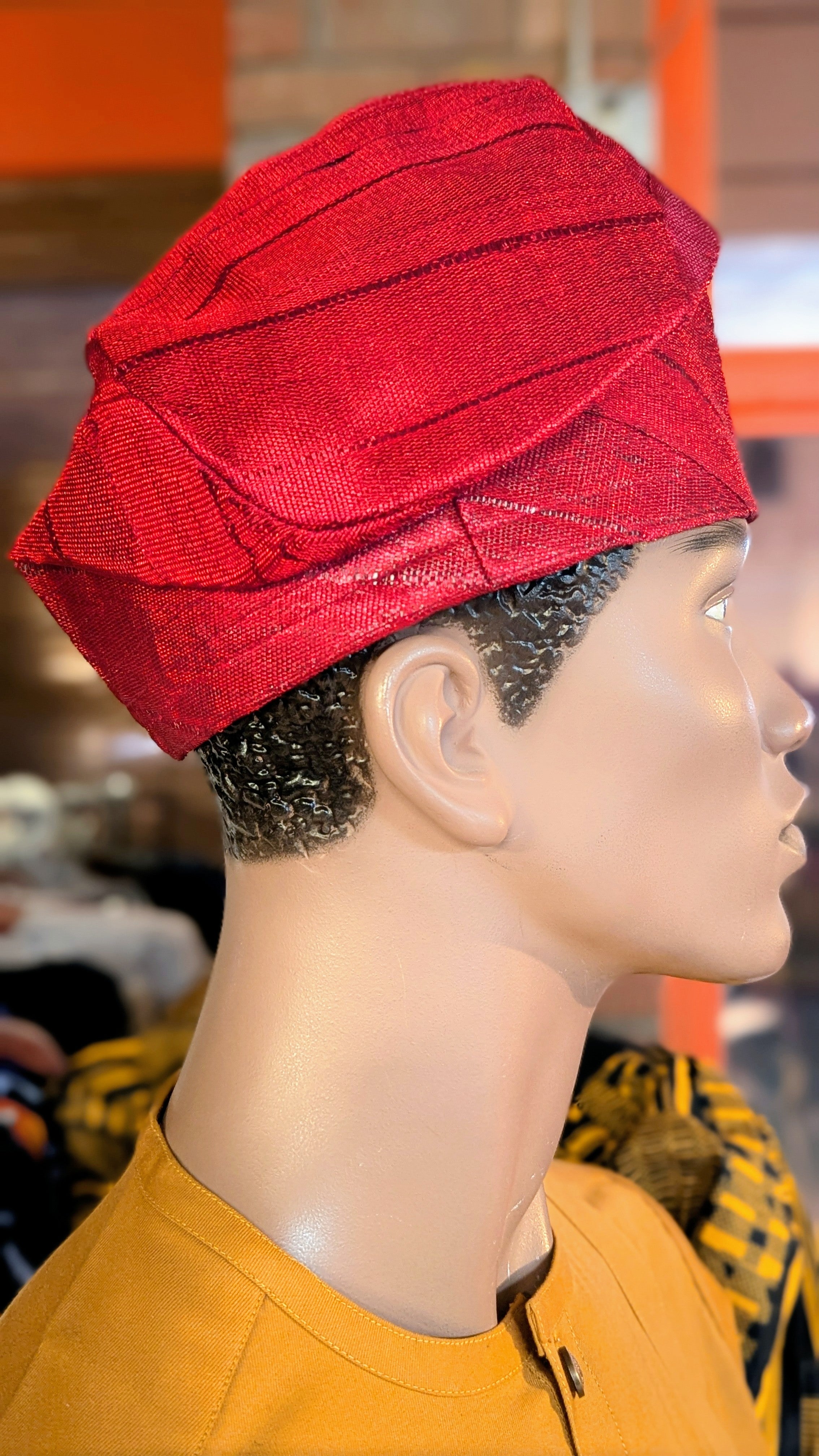 Dupsie's Red Idowu Aso Oke Kufi Cap Hand woven Hat DPHAFBH4、mySite、solidvoid