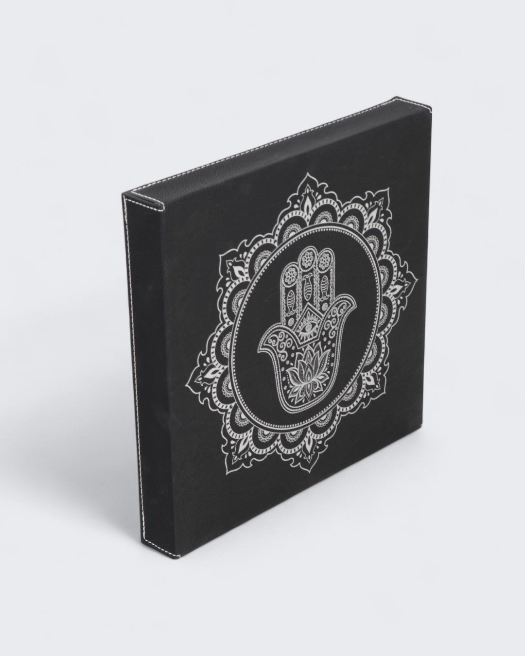 Hamsa Hand Mandala Wall Art – Black & Silver Embossed Leatherette Hanging (10x10)、mySite、topwebapps