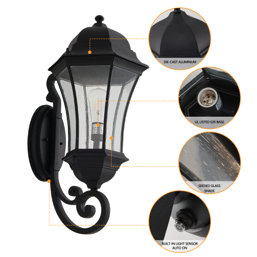27"(H) 1-Pack Outdoor Wall Lantern with Dusk to Dawn Sensor, Black Weatherrproof Exterior Light Fixture with Clear Bubble Glass, Vintage Wall Sconce for Porch, Patio, Entryway, and Garage (No Bulb)、、eastwooduniform