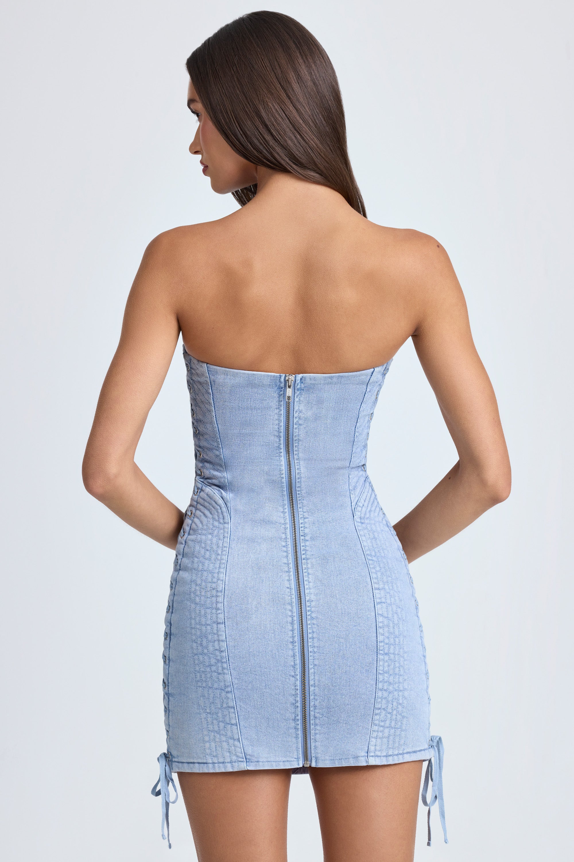 Bandeau Lace-Up Mini Dress in Light Blue Stonewash、mySite、solidvoid