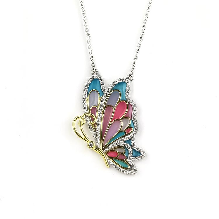 Sterling Silver Enamel Butterfly Necklace with Swarovski Crystal Top of the Line!、mySite、g9winljtr