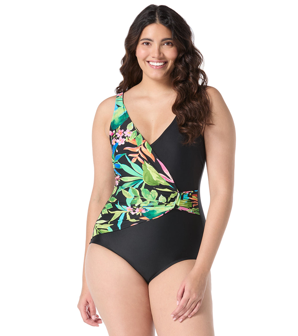 Roxanne Women's Chlorine Resistant Bra Sized Tropical Draped Sash One Piece Swimsuit (D/DD Cup)、mySite、noshort