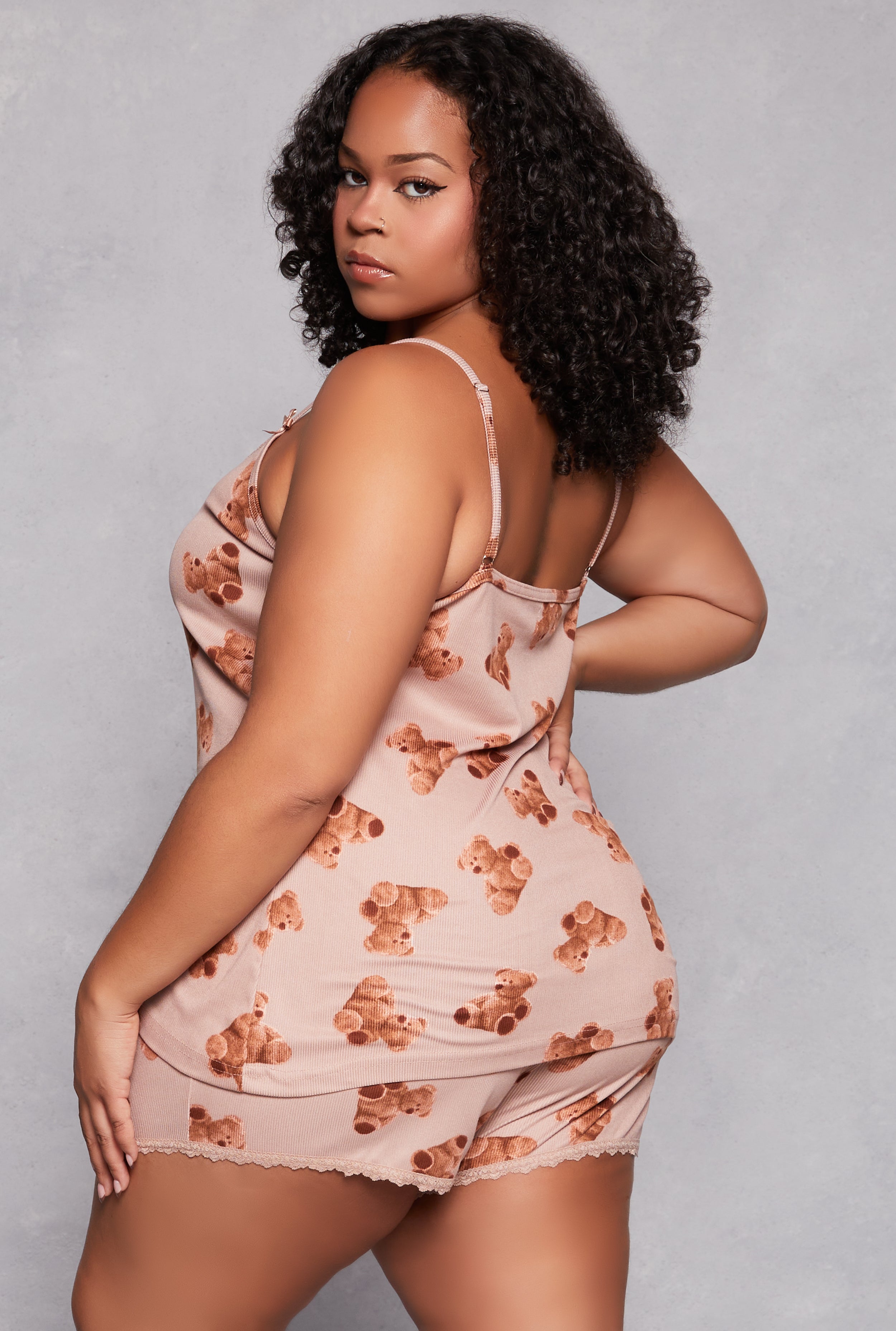 Plus Size Teddy Bear Print Pajama Cami Top and Shorts、mySite、camillekostekn