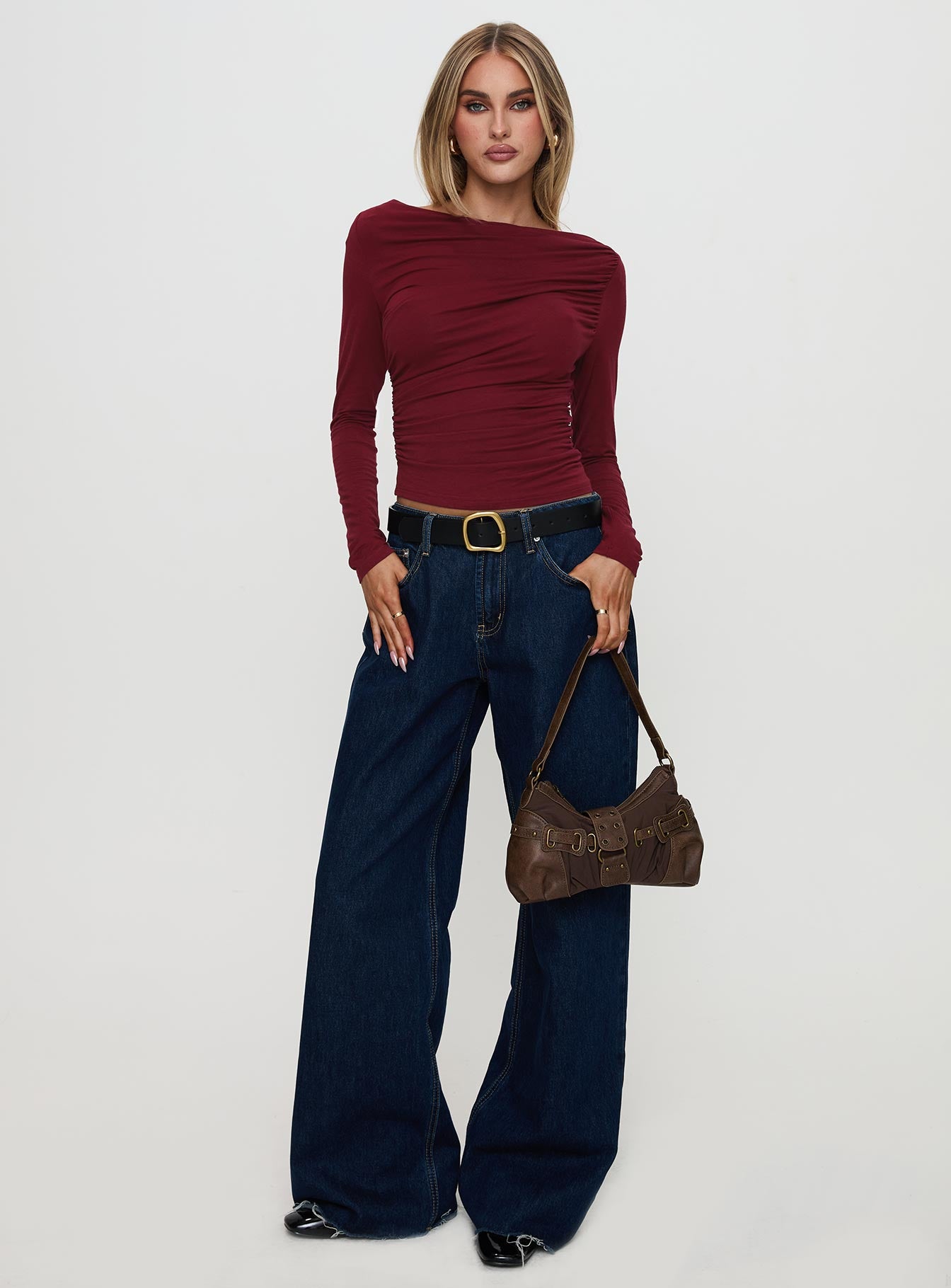 Amberlyn Long Sleeve Ruched Top Burgundy、mySite、solidvoid