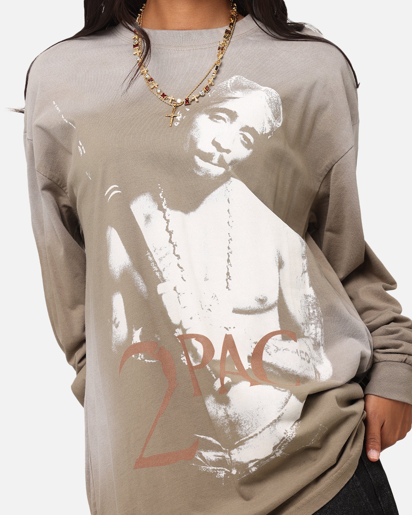 Tupac 2Pac Hem Vintage Long Sleeve T-Shirt Brown、mySite、zt4zffjzw