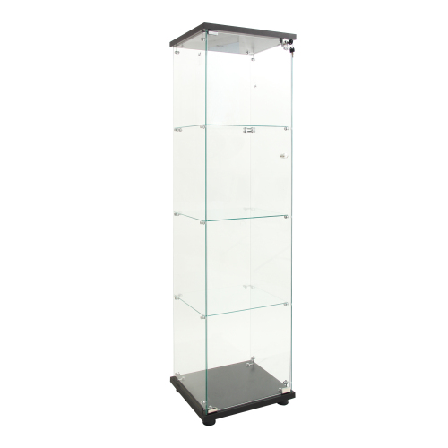 LED lights Glass Display Cabinet 4 Shelves with Door, Floor Standing Curio Bookshelf for Living Room Bedroom Office, 64.7"*16.7"*14.3", Black、、casual