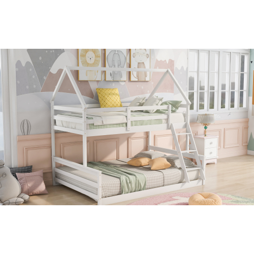 Twin Size Bunk House Bed with Slide and Ladder,White、、casual