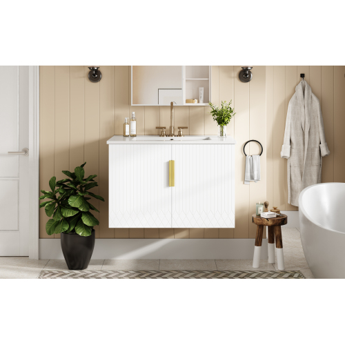 30" Vintage Bathroom Vanity with Ceramic Sink, with 3 Holes Single Ceramic Sink, Bathroom Storage Vanity Cabinet with 2 Soft Closing Doors、、xpatfood