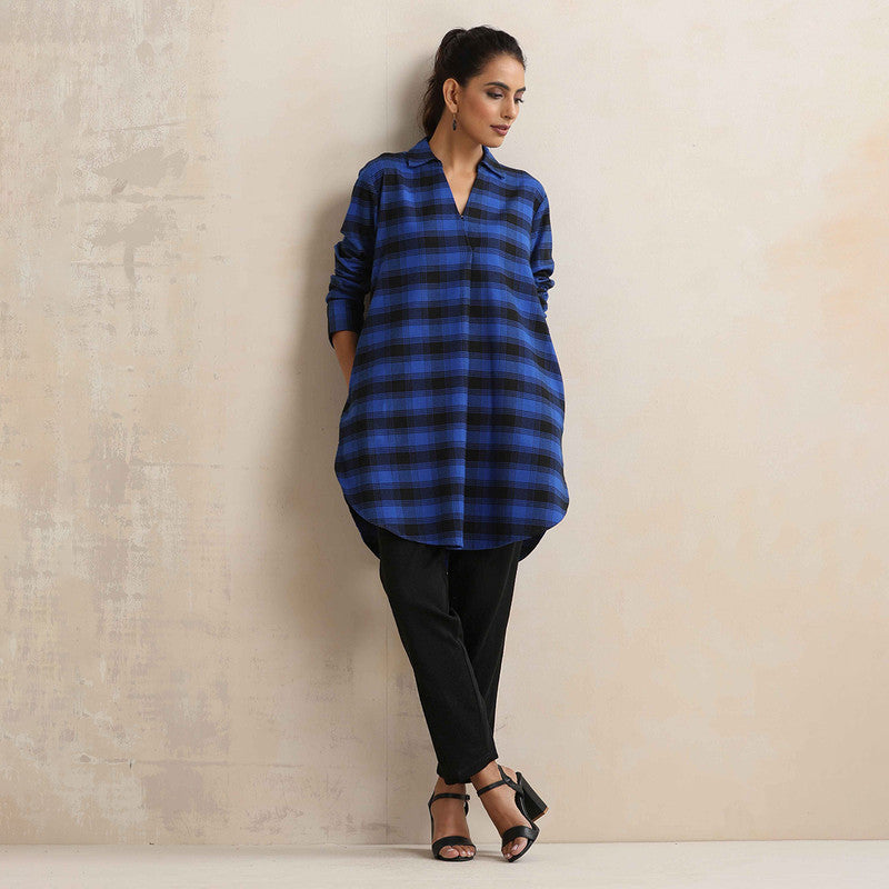 Cotton Short Kurta For Women | Checkered Print | Blue、mySite、camillekostekn
