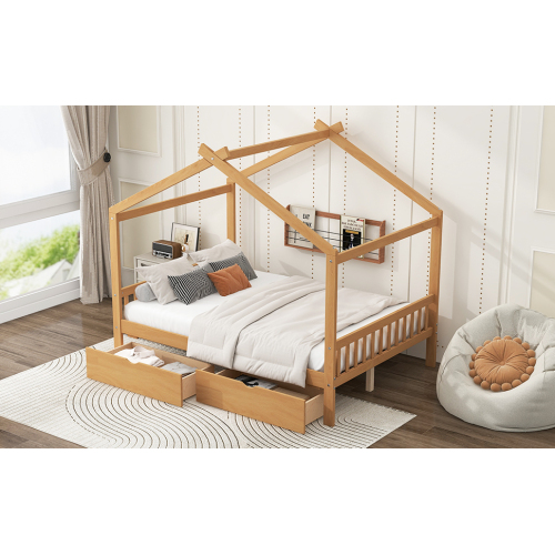 Twin Size House Platform Bed with Headboard and Footboard,Roof Design,Natural、、casual