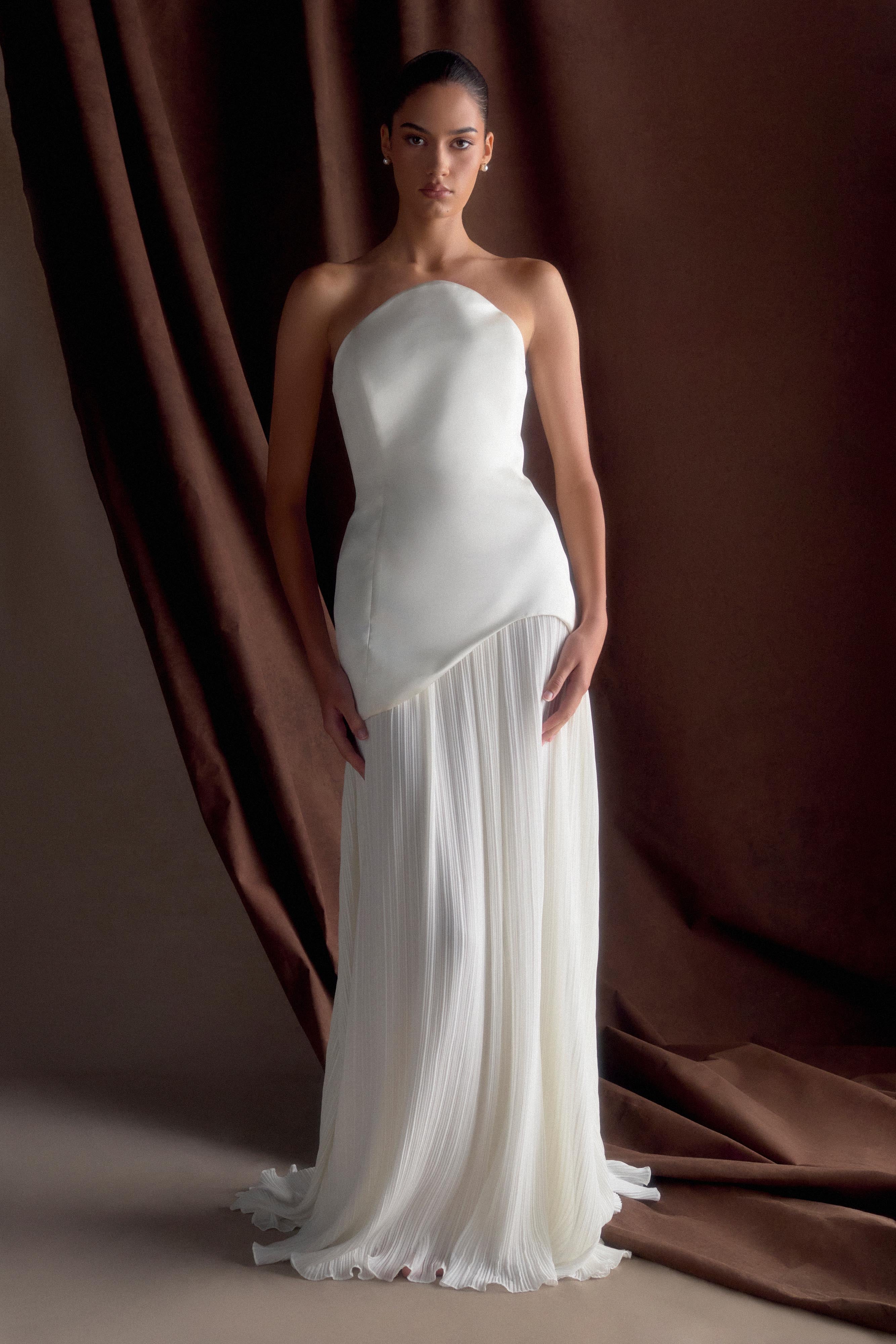 Juno Strapless Pleated Maxi Gown - White、mySite、solidvoid