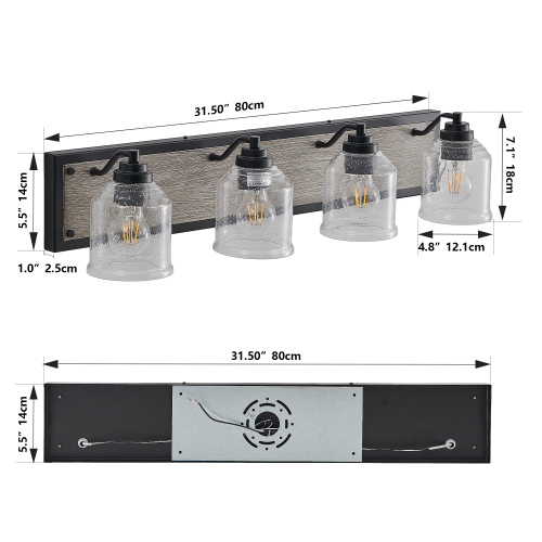 40&quot; Farmhouse Vanity Light Fixture, 5-Light Bathroom Wall Sconce with Clear Seeded Glass Shades, Black and Wood Grain Finish, Modern Industrial Design for Bathroom or Powder Room (No Bulbs)、、eastwooduniform