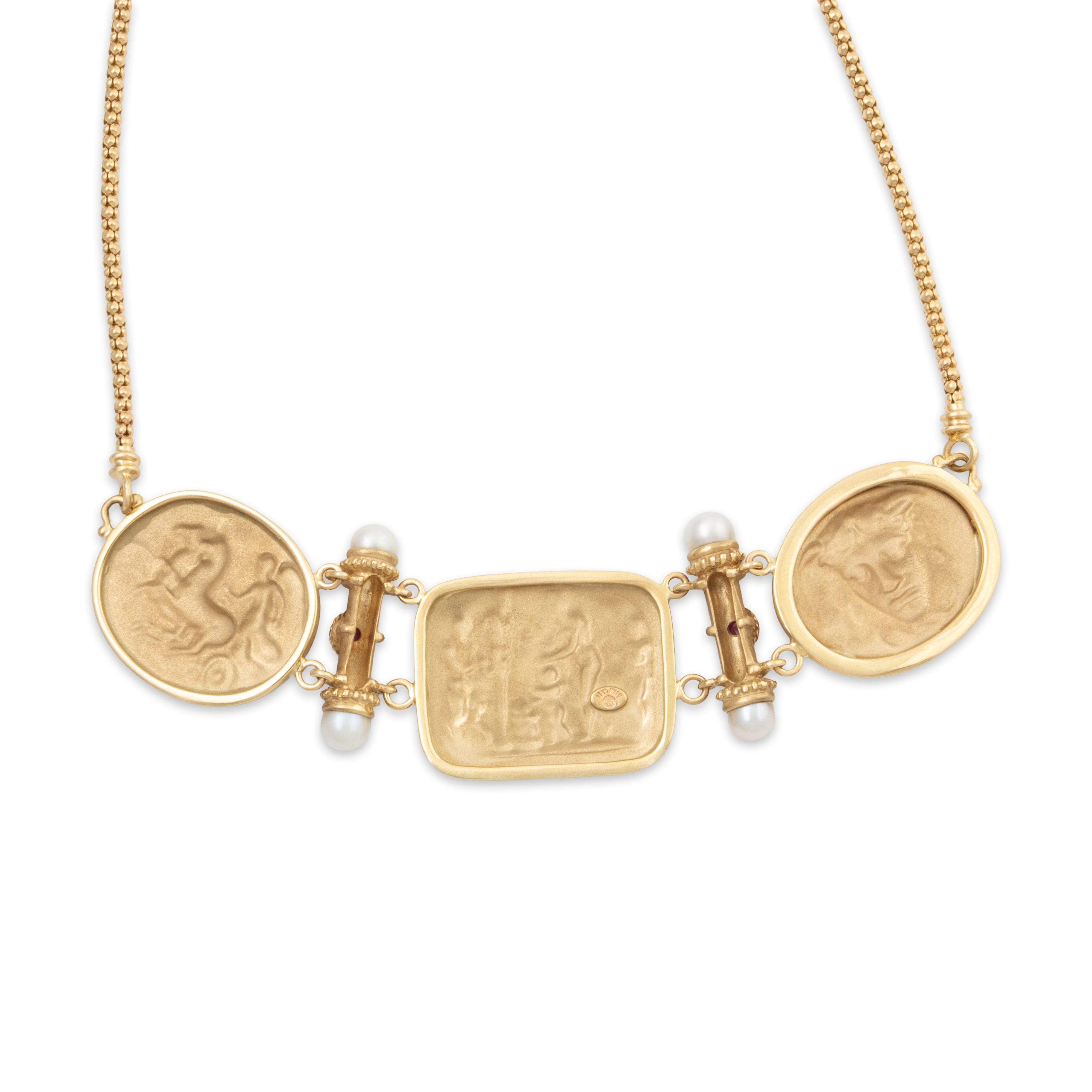 Vintage Italian 14k Yellow Gold Pearl Ruby Etruscan Style Statement Necklace 17、mySite、hinf8tx79