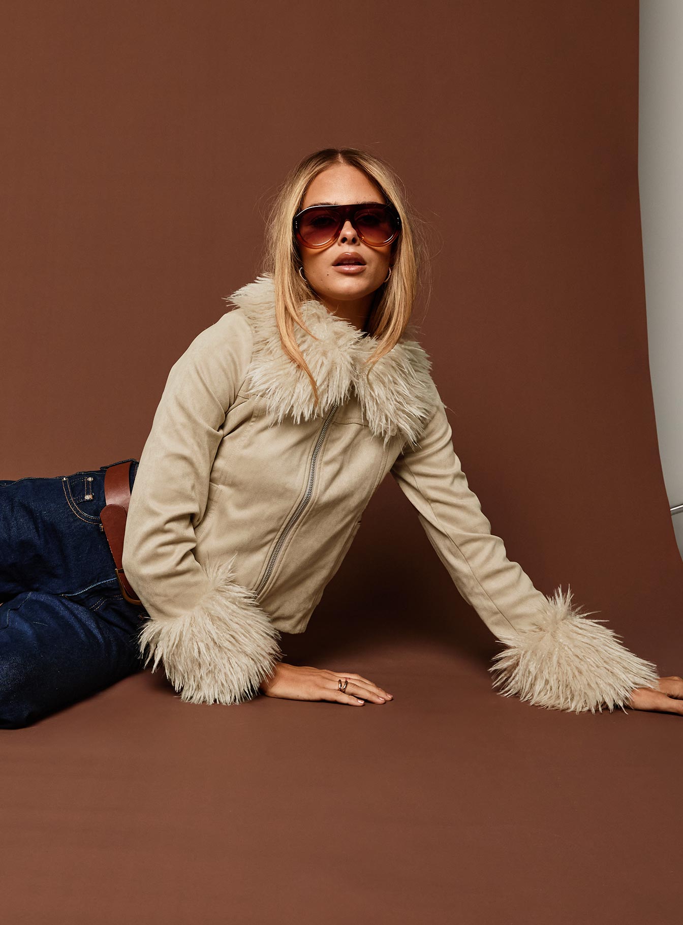 Jeanna Suede Faux Fur Detail Jacket Beige、mySite、solidvoid