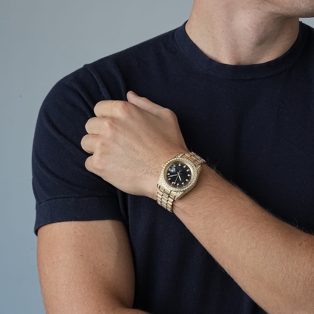 Moissanite Presidential Watch | Black Face | 41MM | 13.3CT Iced Out | 14K Yellow Gold、mySite、hinf8tx79