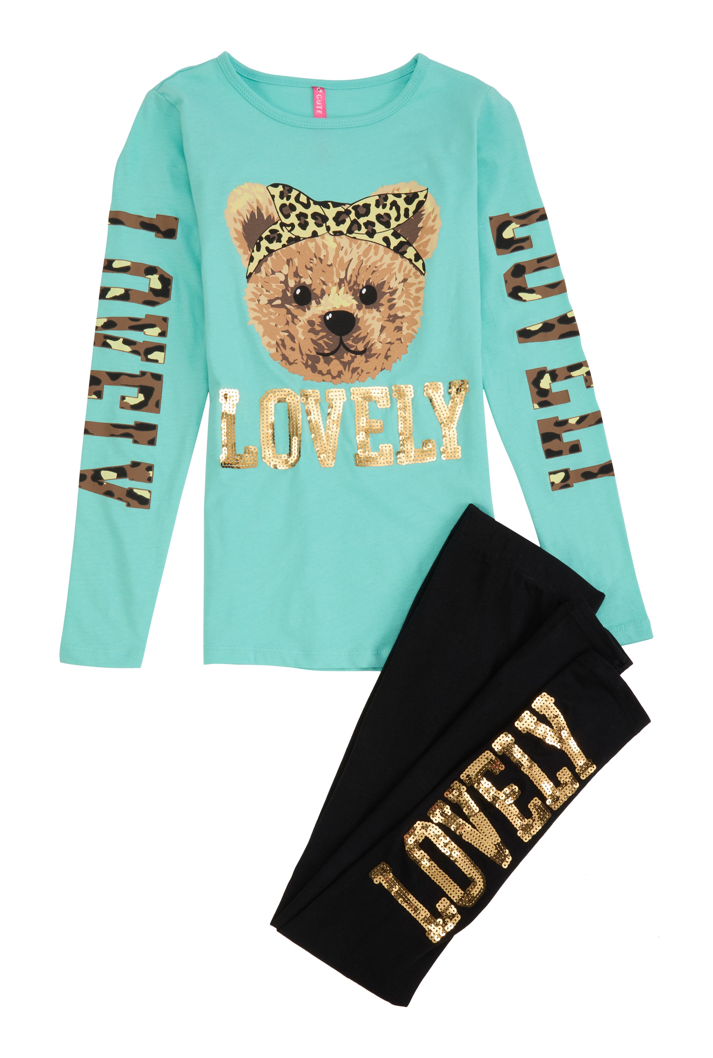 Girls Lovely Bear Sequin Graphic Tee and Leggings、mySite、camillekostekn
