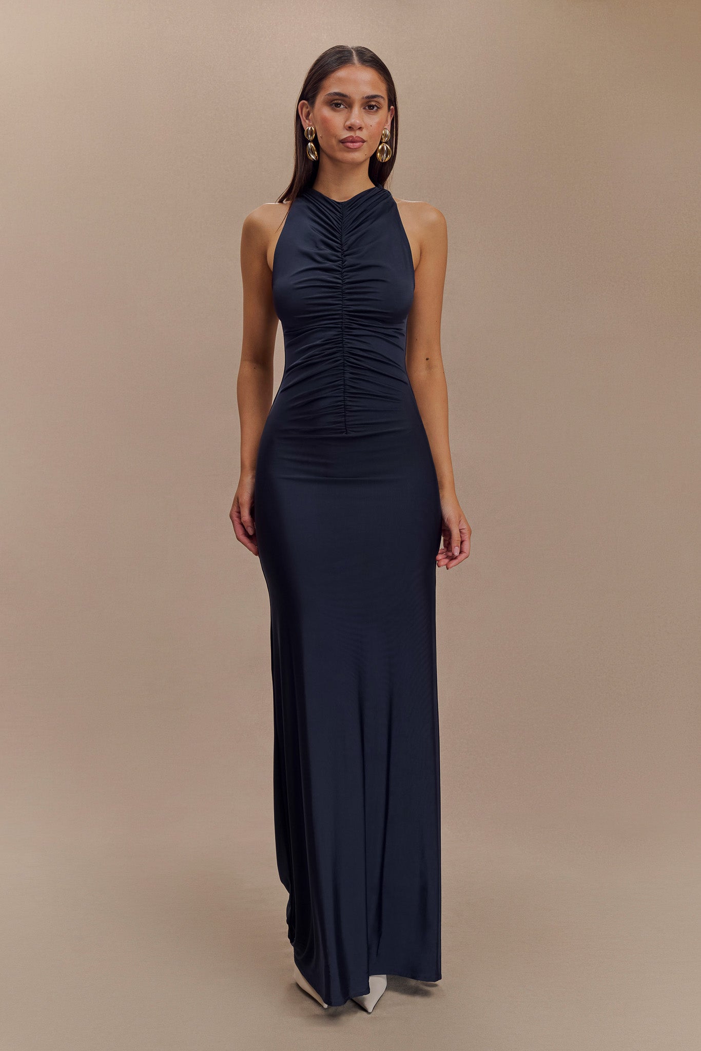 Priya Slinky Ruched Halter Maxi Dress - Navy、mySite、solidvoid