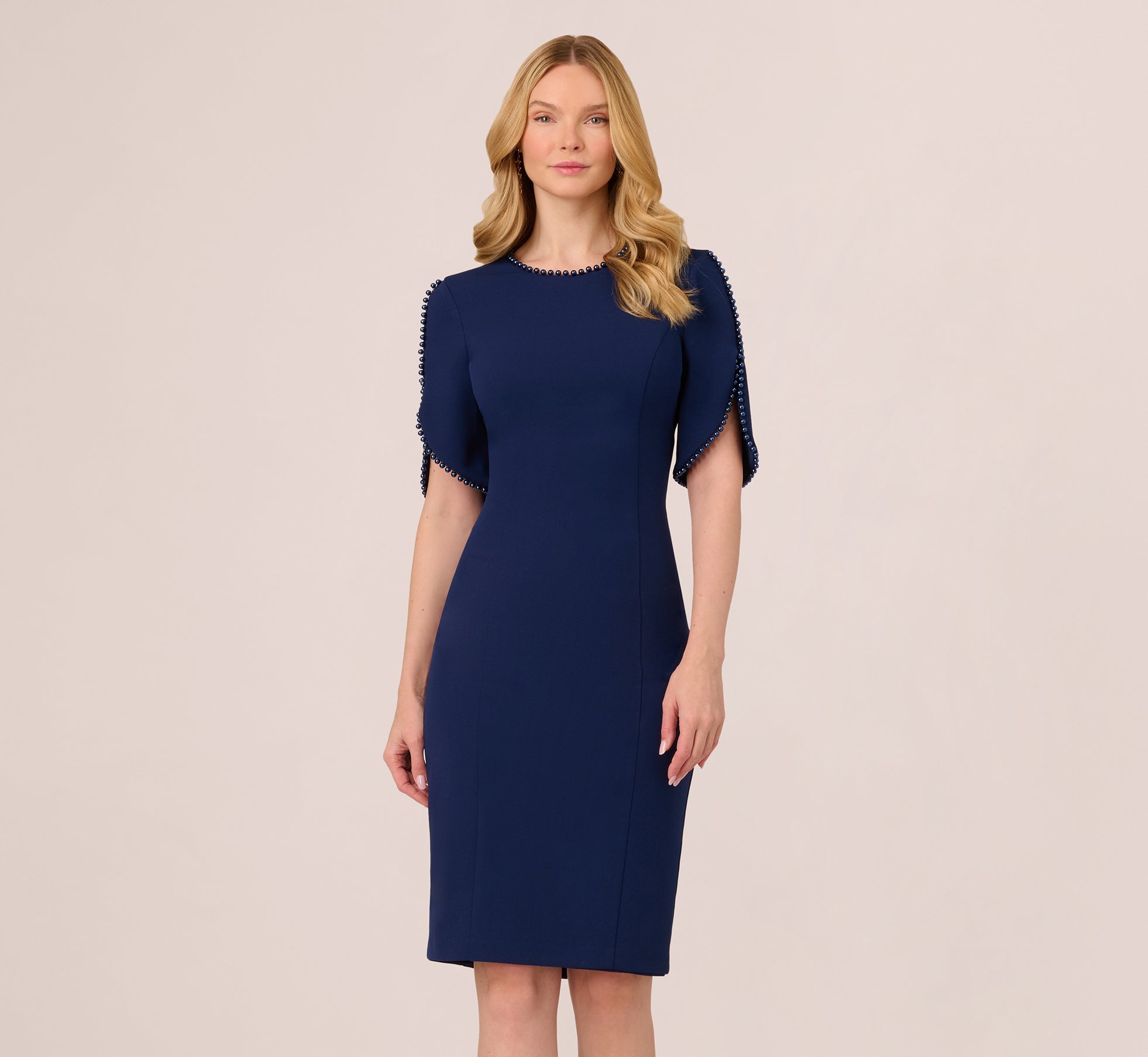 Crepe Midi Length Sheath Dress With Pearl Trimmed Sleeves In Navy Sateen、mySite、solidvoid