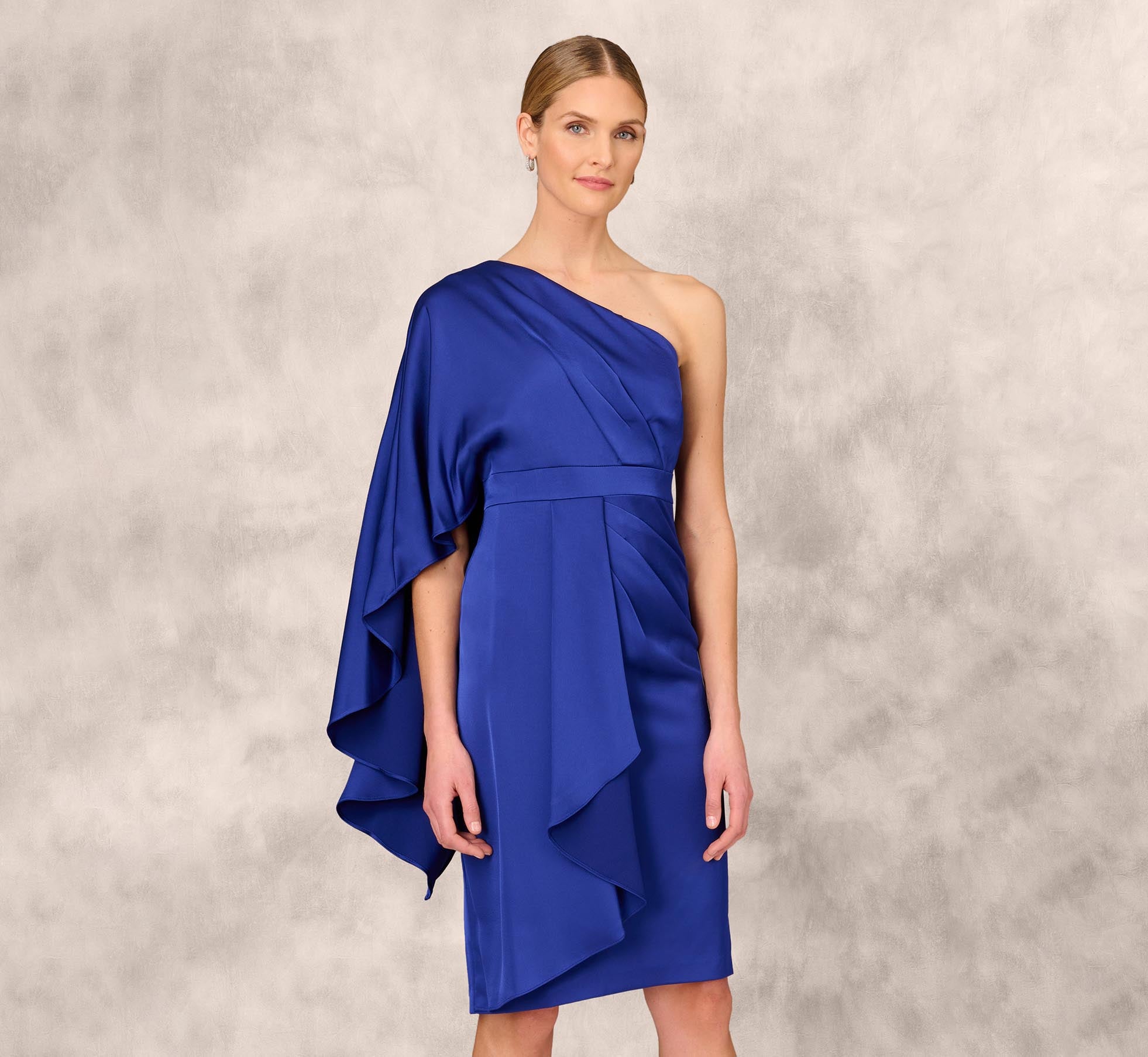 One-Shoulder Satin Draped Sheath Dress With Crepe Back And Cape In Royal Sapphire、mySite、solidvoid